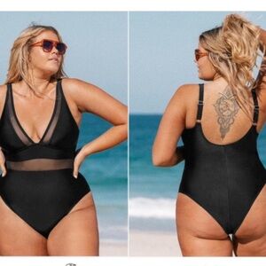 Cupshe Tummy Control Mesh Sheer V Neck Adjustable Wide Straps Cheeky One Piece